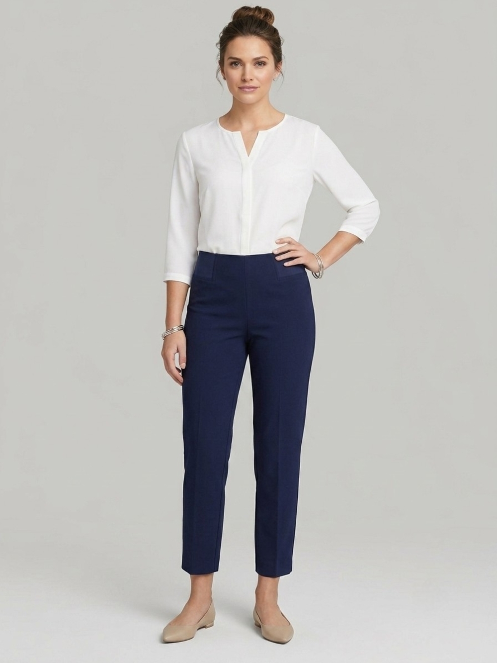 Tanjay Petite 14P Navy Blue Comfort Elastic Waist Cropped Ankle Dress Pants
